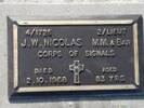 @/Lieut # 4/1725 J W NICOLAS (MM & BAR)CORPS OF SIGNALS Died 2.10.1968 aged 83yrs He is buried in the Hamilton Park Cemetery, Hamilton PLOT: HPC-RSA-05-094