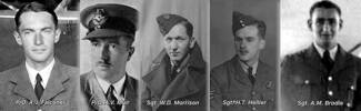 Air Crew of last air operation of 75 Squadron Wellington IC T2503 - included 3 New Zealanders : Far left - Pilot Officer Arthur Falconer RNZAF # NZ39910; 2nd left Navigator Pilot Officer Anthony Muir RNZAF NZ40195 and far right Sergeant Air Gunner Andrew Brodie RNZAF NZ391378.