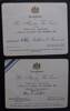 Entry cards for the Investiture by Her Majesty The Queen for the awarding of Tom's MBE.  Card for the recipient Captain A Channings and for his fiancee Miss A Letford