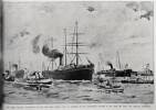 a drawing of the first colonial contingent to sail for South Africa, the S S Waiwera leaving Wellington harbour, 21 October 1899 with the 1st New Zealand Contingent on boar