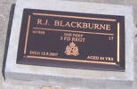 447898, 2nd NZEF, Lt R.J. BLACKBURNE, 5 FD REGT, died 12.9.2007 aged 84 yearsHe is buried in the Taruheru Cemetery, GisborneBlk RSA 32 Plot 82