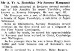 OBITUARY of Mr A. Te A. Rotohiko (Mr Sammy Haupapa)