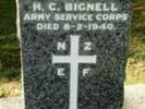 GREAT WAR VETERAN DVR. # 78389H. C. BIGNELL NZEF - ARMY SERVICE CORPS Died 8-2-1940 aged 45yrs He is buried in the Waikumete Cemetery, Auckland PLOT: Service Persons Area G, Row 2, Plot 38