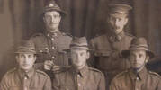 Probably three Hocking brothers prior to embarkation; William Bennett Hocking (1886-1922), Richard James Hocking (1880-1952), and James Henry  Hocking (1879-1917). James was killed in combat, William died later in 1922 possibly succumbing to complications from war wounds. His father’s obituary in 1940 attributed WWI to William’s ‘loss. ‘

