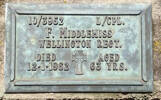 1st NZEF, 10/3952 L/Cpl F MIDDLEMISS, Wellington Regt, died 12 January 1962 aged 63 years. He is buried in the Taruheru Cemetery, Gisborne Block RSA Plot 58