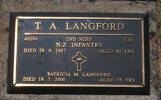 2nd NZEF, 46094 Cpl T A LANGFORD, NZ Infantry, died 28 September 1967 aged 49 years. PATRICIA M LANGFORD, died 19.7.2000 aged 75 yrs Both are buried in the Taruheru Cemetery, Gisborne 