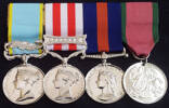 L to R: Crimea Medal (with Sevastopol Clasp), Indian Mutiny Medal (with Lucknow Clasp),  New Zealand Medal, Turkish Crimea Medal
