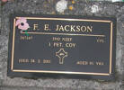 F.E. JACKSON, 267347, 2nd NZEF. Cpl. 1 PET COY. Died 28.2.2001 aged 91 years
He is buried in the Taruheru Cemetery, Gisborne
Blk RSAAS Ploy 188