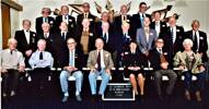 Photograph of the 1988 HMNZS Leander Reunion. Back: L. R. F.W.Reed, F. Woisin. Middle: 2nd R. Ted Petherick. Front: 3rd L Bill Parsonage, 4th Com. George Mitchell, 5th W.O. Fay Baker. Image kindly provided by Freda Woisin (February 2024).