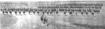 Panorama: Fourth New Zealand Rough Riders Regiment on Parade at Klerksdorp, Transvaal, 26 November 1900 - Major R H Davies Commanding from the book "With the Fourth New Zealand Rough Riders" by James G Harle Moore, 1906. - No known copyright restrictions
