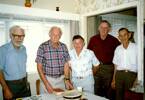 Group photo, reunion, veterans of the 21st Battalion held a 'mini reunion', November 1985 at Gordon Leigh's home in Kaiaua. From left to right they are: Harold Smith (4231), Gordon Leigh (20511), Bob Homewood, Bill Howard (420163) and Rod Dyer (? 493214). (photo Mrs M Smith) - This image may be subject to copyright