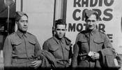 Group, 28 Maori Battalion soldiers, Vailima (26147) (left) and his cousins Manoel Santos (26146) (middle), Alex Leger (26514) (right), in New Zealand - This image may be subject to copyright