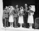 Wedding party. 2 April 1945 (from left to right): Major A B Adams - Medical Officer; Sister Audrey Hobson; Major J L Wright groom and Sister Isabelle A. Henderson bride; Major A W H Borrie M.C. - Medical Officer; Sister Mary Howden - This image may be subject to copyright