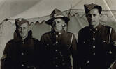 Group, WW2, 3 soldiers standing in front of a tent left to right Len Bergman (49726), Charlie Clark and Charles Levin (630221) (kindly provided by the Levin family) - This image may be subject to copyright