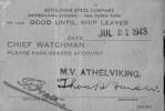 Free pass issued to Mr Robinson by Bethlehem Steel Company - Shipbuilding Division - San Pedro Yard, dated 21 July 1943. - This image may be subject to copyright