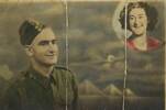 Postcard montage, WW2, soldier and family inset, pryamids in background, colour Harry and his wife, Rose Edith Pickett (nee Bussey) - This image may be subject to copyright