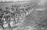 Soldiers marching from Featherston Camp 1915, Douglas (right column at front) when doing his compulsory training. - No known copyright restrictions