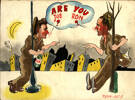 Cartoon/ painting, humourous, of Joe Glenn (445348) and Ron Brownson (443580); men are depicted holding onto posts, one carrying wine the other a gin bottle, both have red noses, saying to one another "Are you Joe", "Are you Ron"; Roma 1945 9 [September] in corner. (cartoon held in private collections) - This image may be subject to copyright