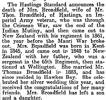 Obituary for Elizabeth Broadfield mostly detailing her husband's (Thomas William Broadfield's) military service, Evening Post, Volume LXXVI, Issue 56, 3 September 1908, Page 7 - No known copyright restrictions