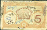 WW2 banknote, 5 cinq francs, Noumea dated 6 July 1943 (back), property of Gordon W.A. Muir (618150) with signatures - This image may be subject to copyright