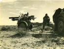 Desert, WW2, Gun, soldier with cup sitting on gun carriage trail, wheel of truck - This image may be subject to copyright