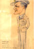 Cartoon, caricature, portrait of Mills in uniform, with cap, wings badge, stripe on lower sleeve, red lips, smiling. Captioned "Mervyn Mills visits the NZ Forces Club" - This image may be subject to copyright