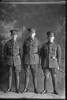 Full length portrait of three Dibble brothers, Corporal (later Sergeant) Percy George Dibble, Reg no 26572 (centre), and Privates Jesse Cyril Dibble, Reg No 26571, and Victor Thomas Dibble, Reg No 26573, all of the New Zealand Rifle Brigade, 8th Reinforcements to the 4th Battalion, - H Company, 17th Reinforcements. (Photographer: Herman Schmidt, 1916). Sir George Grey Special Collections, Auckland Libraries, 31-D1958. No known copyright.