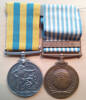 Medals belonging to Staff Sergeant Herbert Roderick Francis de Stacpoole (205182). Left to Right is the Korea Medal and the UN Medal with Korea Clasp. Image courtesy of M. de Stacpoole.  Image may be subject to copryight restrictions.