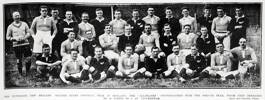 The Victorious New Zealand Soldier Rugby Football Team in England: The "All-Blacks" photographed with the French team, whom they defeated by 20 points to 3 at Twickenham. Names of the New Zealand team are: - J. O'Brien, P. Story, J. Stohr, J. Ford, J. Ryan, W. Fea, C. Brown, M. Cain, E. Hassell, J. Moffatt, J. Kiswick, E. Belliss, A. West and A. Singe. Taken from the supplement to the Auckland Weekly News 26 June 1919 p037. Sir George Grey Special Collections, Auckland Libraries, AWNS-19190626-37-1. Image ha no known copyright restrictions.