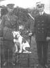 Group photograph of Douglas Eric BRADNEY (right) in shipping company uniform, standing beside brother-in-law Sergeant-Major Frederick Thomas BOULD, and his bulldog ‘Bunny’. Image kindly provided by Graham Bould (May 2017). Image has no known copyright restrictions.
