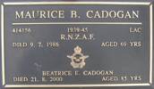 Gravestone of Leading Aircraftman Maurice Bernard Cadogan, Taumarunui New Cemetery. Image kindly provided by Ian Pilkinton (July 2018). Image may be subject to copyright restrictions.