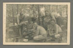 'Cooking at the Camp' Group photograph of Robert Wilson, Jack Lang Thames NZ, Fred Dowdle Australia, in front Private Kitchen Australia, Private Bennett Australia, Captain Hook Auckland, taken in June 1944. Prisoner of War Camp OFLAG 79 stamp. Image kindly provided by Lynette Wilson (February 2019). Image may be subject to copyright restrictions.