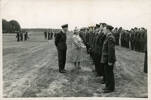 Photograph of 487 Squadron, Royal Air Force, being inspected by King George VI and Queen Elizabeth (later The Queen Mother) at RAF Methwold, Norfolk. Robert Pye is standing 'this end of the photo'. Image kindly provided by Robert Pye (1997). Image may be subject to copyright restrictions.
