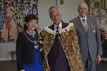 Portrait of the Rt Hon Dame Patsy Reddy, Matutaera Clendon and Sir David Gascoigne at the ONZM Investiture of Matua Clendon for services to Maori. October 2018. Image maybe subject to copyright. https://gg.govt.nz/image-galleries/7930/media?page=1