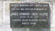 Inscription of Drover Memorial Hut, Middle Road, Havelock North for John Edward Oliver Image kindly provided by Chris Geddis (February 2020). Image subject to copyright restrictions.
