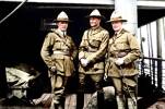 Photograph of the New Zealand officers of the Rarotongan Company, (left to right) Lieutenant Bartholomew Tangney, Captain George Arthur Bush and Lieutenant Bertram Gibbons, on the SS Palonna en route to Raratonga, 1919. Original image kindly provided by the Sedon family and the colourised photograph kindly provided by Bobby Nicholas, Paula Paniani and Cate Walker, Cook Islands WW1 NZEF ANZAC Soldiers Research Project. Image may be subject to copyright restrictions.