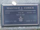 Gravestone of Flying Officer Malcolm Corich, Orowaiti Cemetery, Westport. Image kindly provided by John Forrest (July 2020). Image is subject to copyright restrictions.