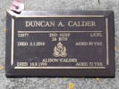 Headstone of L/Cpl Duncan Alexander CALDER 12977. Greenpark RSA Cemetery, Dunedin City Council, Block 1A348. Image kindly provided by Allan Steel CC-BY 4.0.