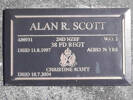 Headstone of WO 2 Alan Raymond SCOTT 438931. Greenpark RSA Cemetery, Dunedin City Council, Block 3A, Plot 1. Image kindly provided by Allan Steel CC-BY 4.0.