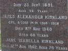 Headstone of Cpl James Alexander KIRKLAND 9/1312. East Taieri Cemetery, Dunedin City Council, Block S, Plot 459. Image kindly provided by Allan Steel CC-BY 4.0.