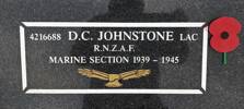 Plaque for Leading Aircraftman David Clark Johnstone, Marine Section, Royal New Zealand Air Force. Image kindly provided by John Forrest (July 2021).