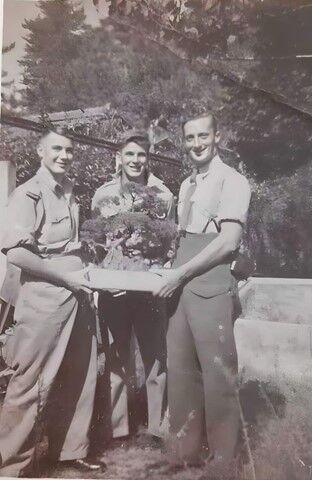 In Japan 1946–48 Holding bonsai tree.
